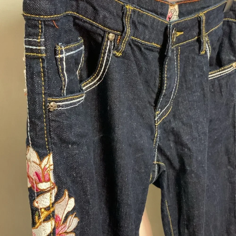 Ruthless Art NWOT Dark Blue Denim Low-Rise Embroidered Bootcut Jeans Sz 13/31